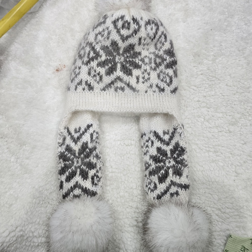 Authentic Hand-Knitted Goat‎ Mohair Earflap Hat with Fur Pom-Poms - Extra Soft